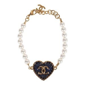 CHANEL *Rare* Luxury Denim Blue Heart Charm & Pearls Bracelet